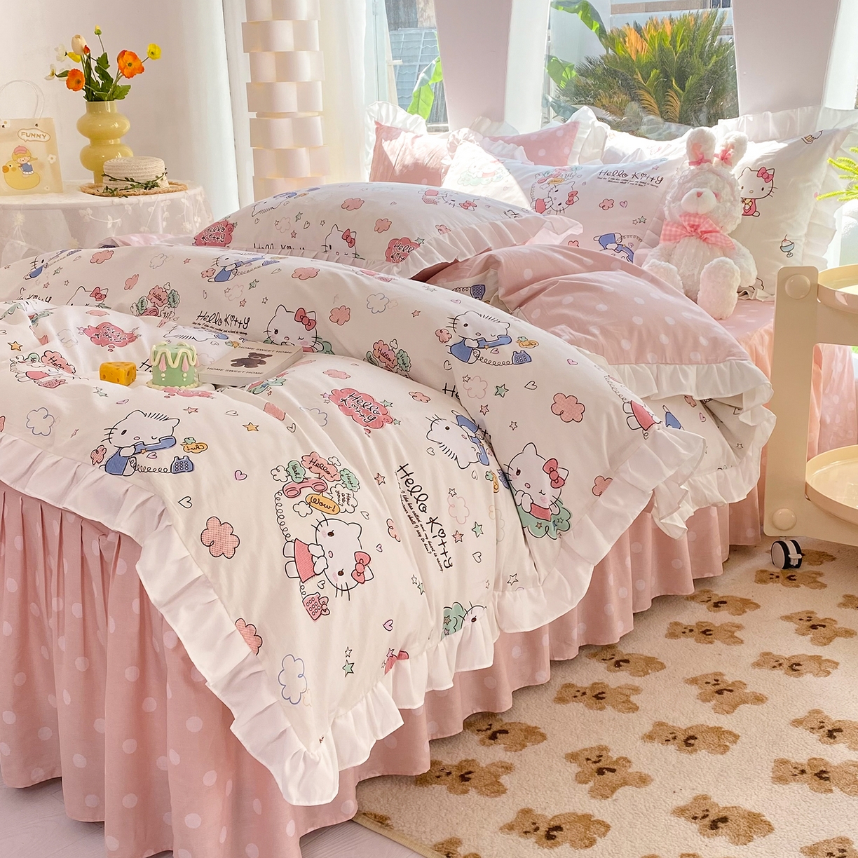 91家纺网 家纺一手货源 找家纺 玉元坊 2026新款三丽鸥正版授权凯蒂KT猫儿童卡通全棉纯棉床单床笠床裙花边被套三四件套 甜心kt 花边款