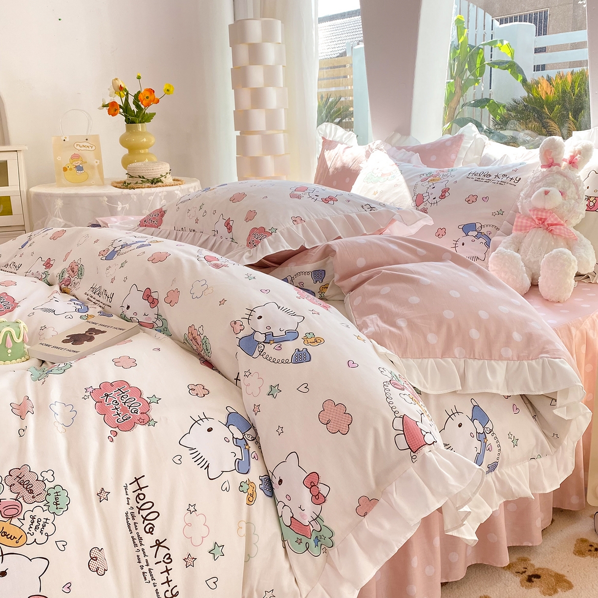 91家纺网 家纺一手货源 找家纺 玉元坊 2026新款三丽鸥正版授权凯蒂KT猫儿童卡通全棉纯棉床单床笠床裙花边被套三四件套 甜心kt 花边款