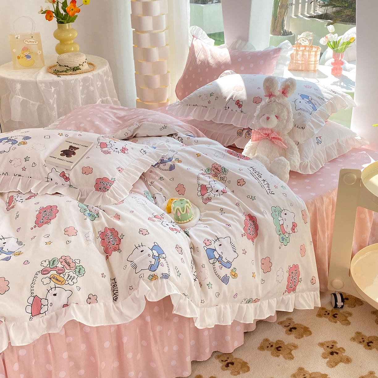 91家纺网 家纺一手货源 找家纺 玉元坊 2026新款三丽鸥正版授权凯蒂KT猫儿童卡通全棉纯棉床单床笠床裙花边被套三四件套 甜心kt 花边款