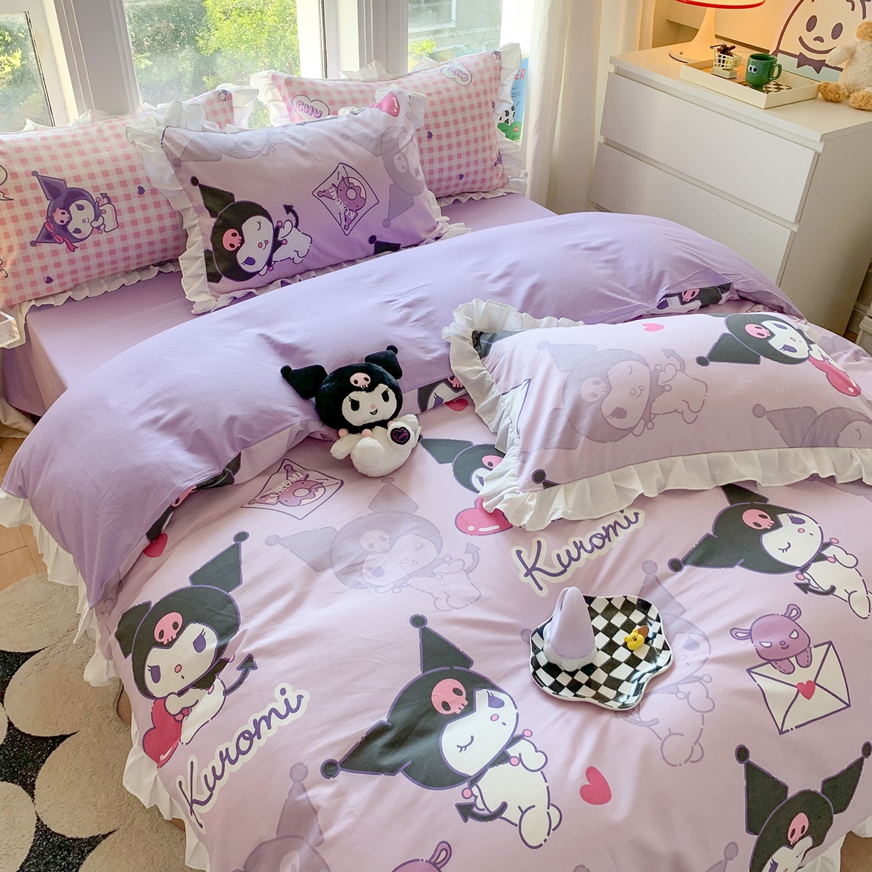 91家纺网 家纺一手货源 找家纺 玉元坊 2026新款三丽鸥正版授权库洛米儿童卡通全棉纯棉床单床笠床裙花边被套三四件套 库洛米【花边款】