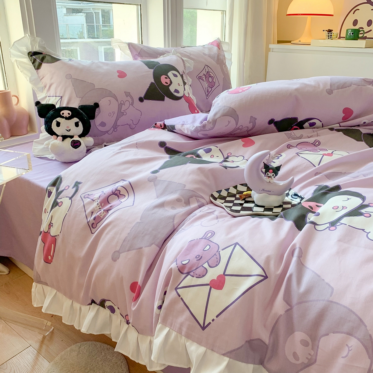 91家纺网 家纺一手货源 找家纺 玉元坊 2026新款三丽鸥正版授权库洛米儿童卡通全棉纯棉床单床笠床裙花边被套三四件套 库洛米【花边款】