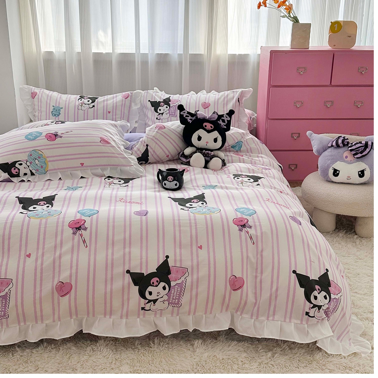 91家纺网 家纺一手货源 找家纺 玉元坊 2026新款三丽鸥正版授权库洛米儿童卡通全棉纯棉床单床笠床裙花边被套三四件套 库洛米条纹-白花边款