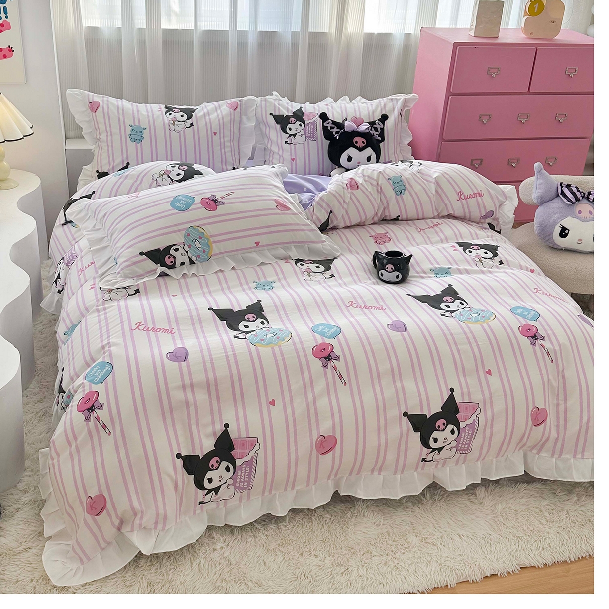 91家纺网 家纺一手货源 找家纺 玉元坊 2026新款三丽鸥正版授权库洛米儿童卡通全棉纯棉床单床笠床裙花边被套三四件套 库洛米条纹-白花边款