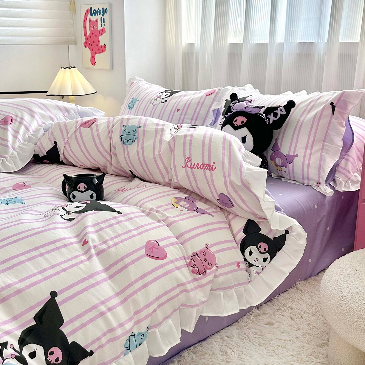 91家纺网 家纺一手货源 找家纺 玉元坊 2026新款三丽鸥正版授权库洛米儿童卡通全棉纯棉床单床笠床裙花边被套三四件套 库洛米条纹-白花边款