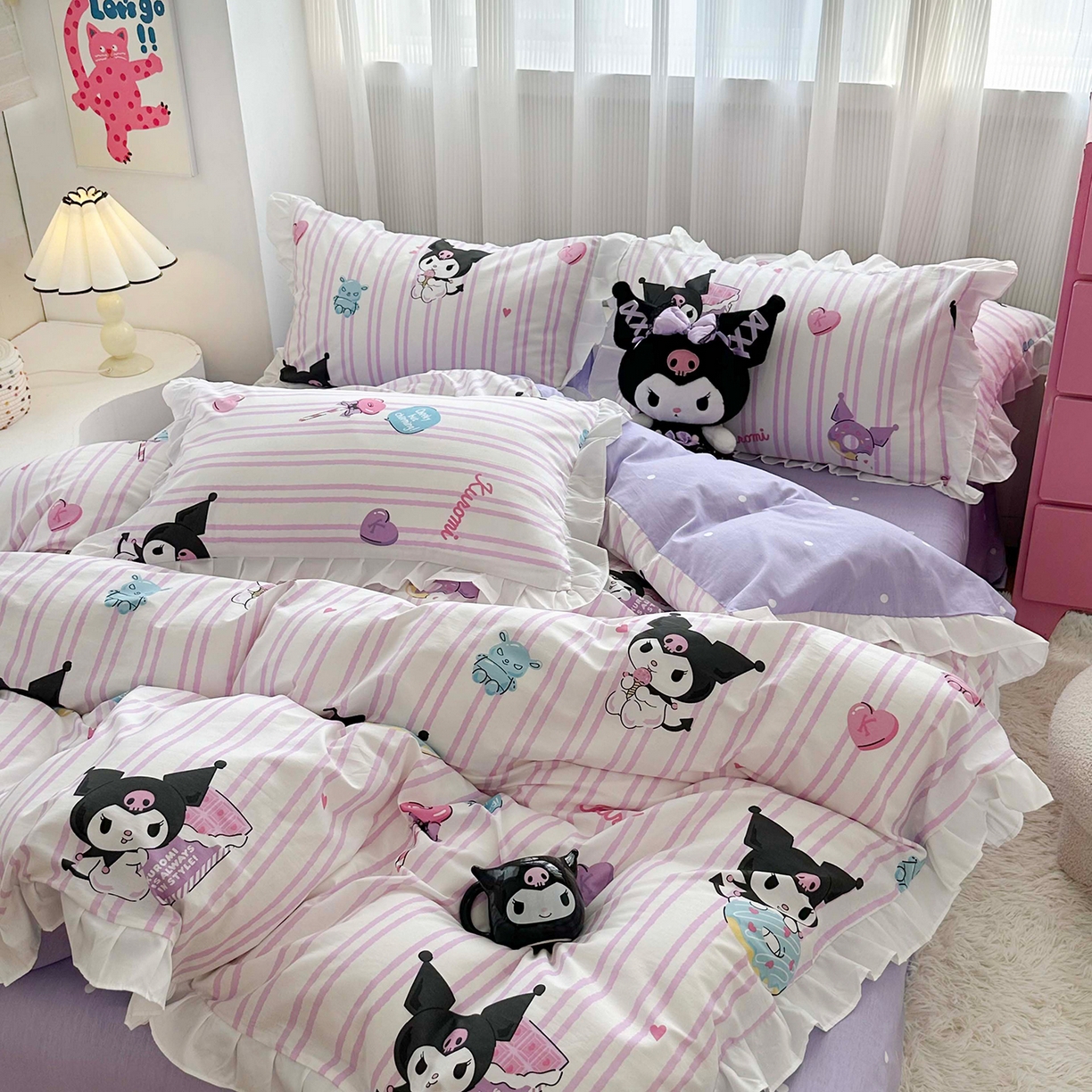 91家纺网 家纺一手货源 找家纺 玉元坊 2026新款三丽鸥正版授权库洛米儿童卡通全棉纯棉床单床笠床裙花边被套三四件套 库洛米条纹-白花边款