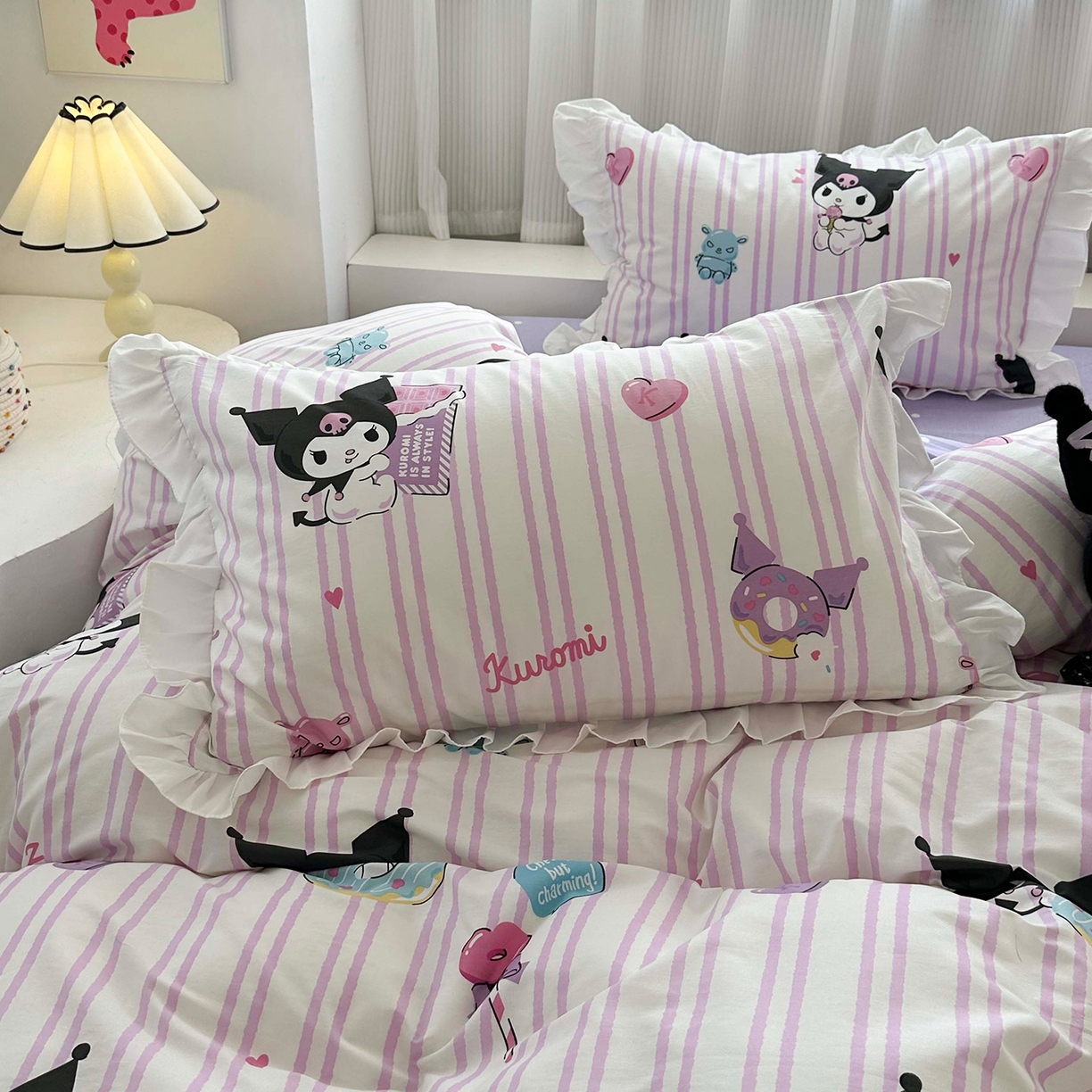91家纺网 家纺一手货源 找家纺 玉元坊 2026新款三丽鸥正版授权库洛米儿童卡通全棉纯棉床单床笠床裙花边被套三四件套 库洛米条纹-白花边款