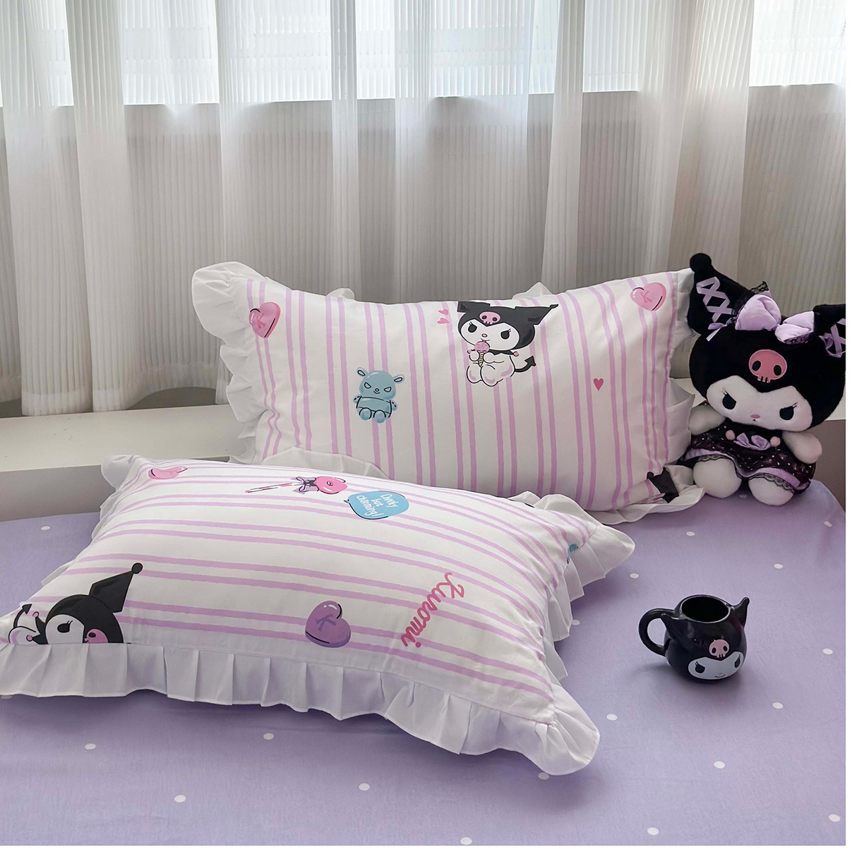 91家纺网 家纺一手货源 找家纺 玉元坊 2026新款三丽鸥正版授权库洛米儿童卡通全棉纯棉床单床笠床裙花边被套三四件套 库洛米条纹-白花边款