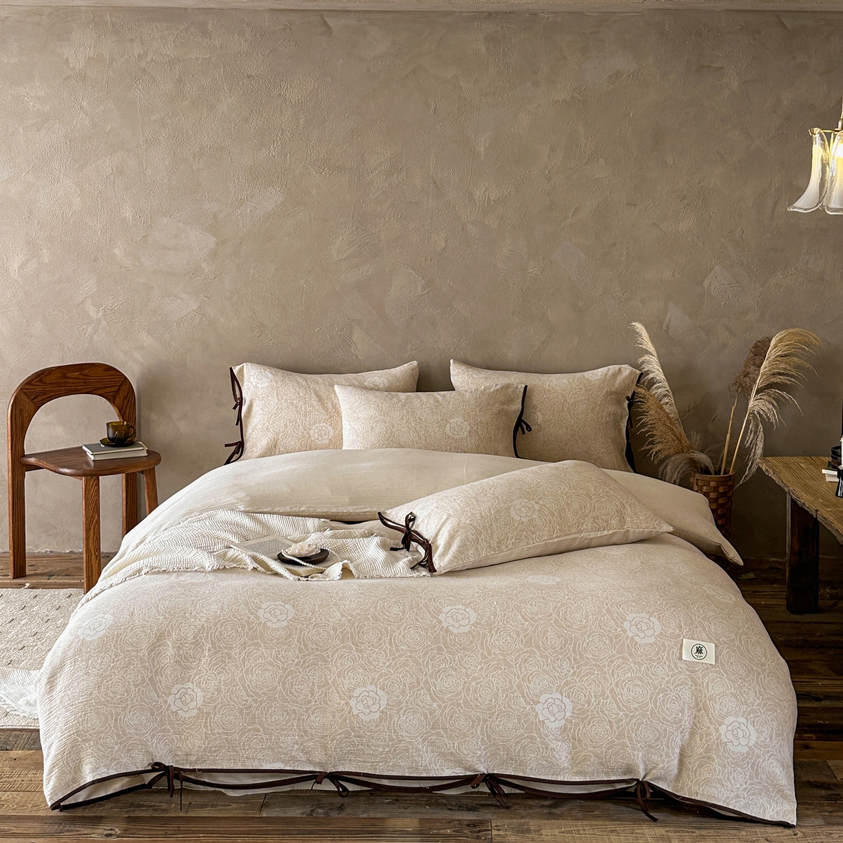 91家纺网 家纺一手货源 找家纺 （总）爱丽丝 2026新款云树里包边系带棉麻四件套