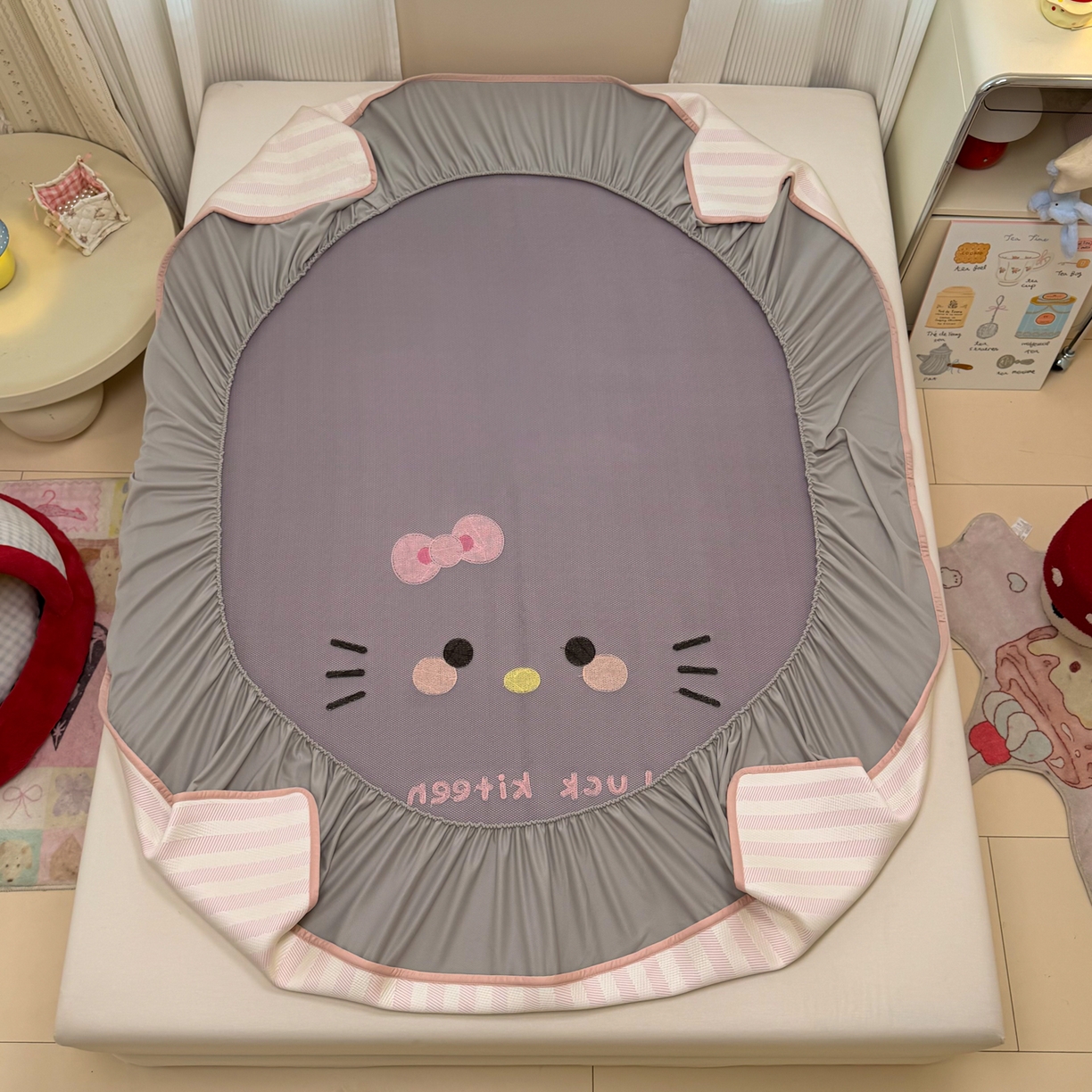 91家纺网 家纺一手货源 找家纺 懒猫家纺 2026新款好运猫毛巾绣PE凉感中分子床席床笠凉席席子 芭乐-床笠款