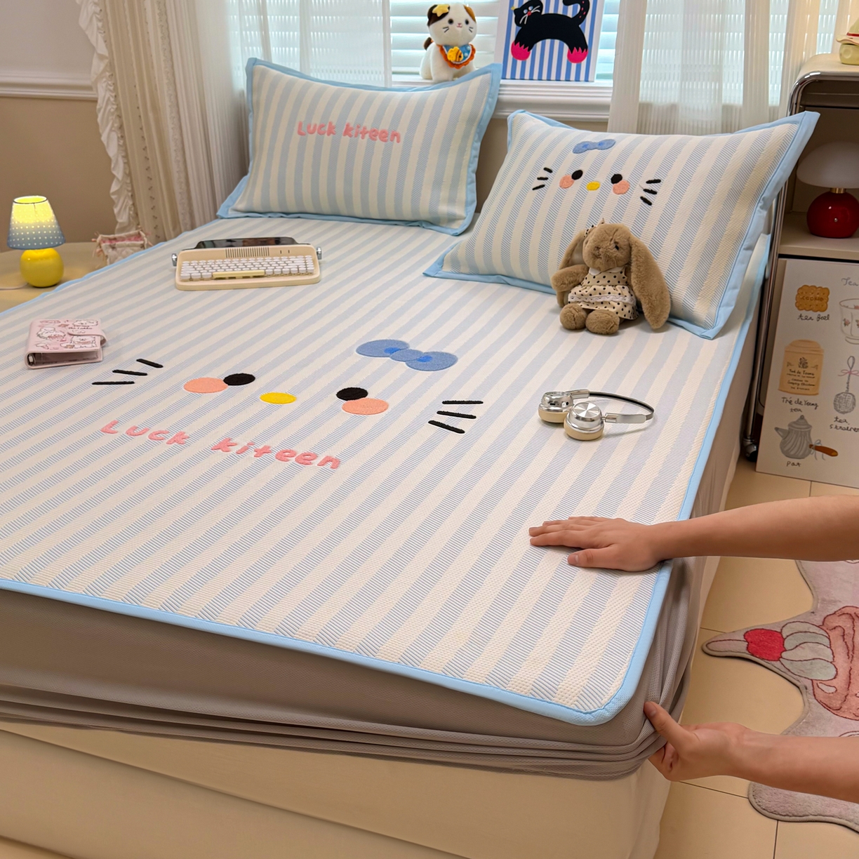 懒猫家纺 2026新款好运猫毛巾绣PE凉感中分子床席床笠凉席席子 海盐-床笠款