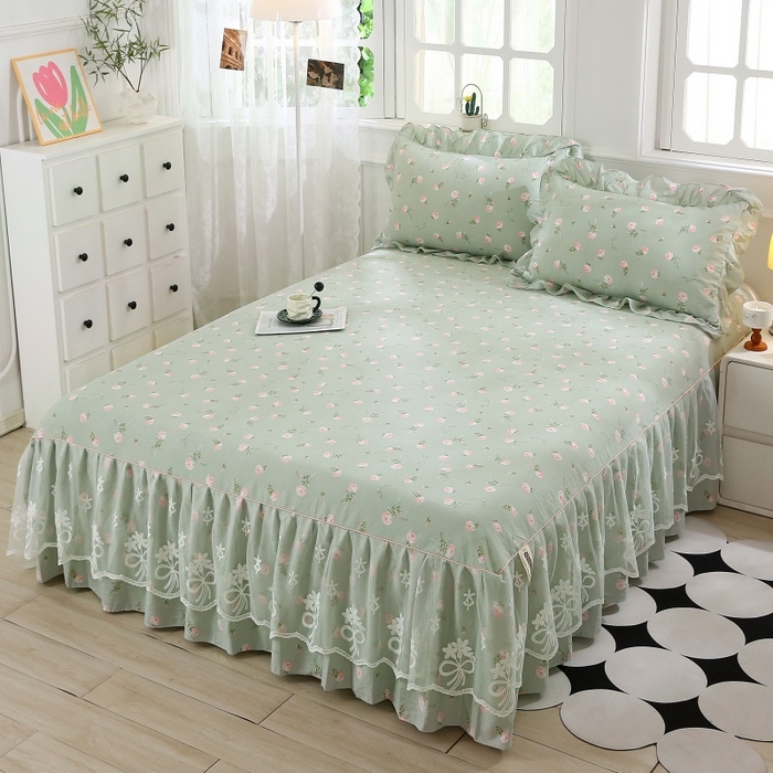 乐逸家纺 2026新款A类母婴双层纱床裙韩版蕾丝花边床裙小清新印花床裙源头供货现货 半身倾慕