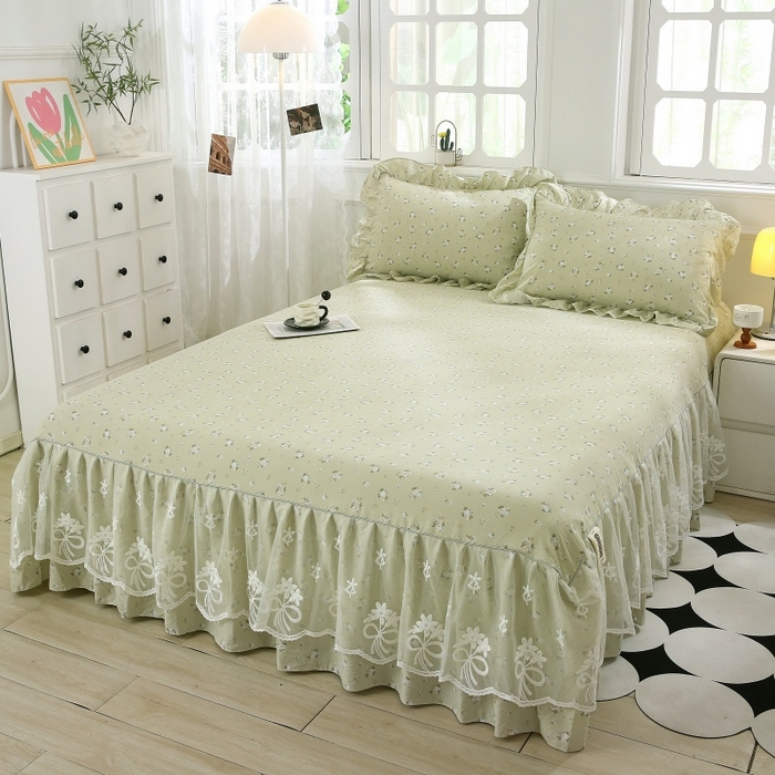 乐逸家纺 2026新款A类母婴双层纱床裙韩版蕾丝花边床裙小清新印花床裙源头供货现货 落日暮年绿