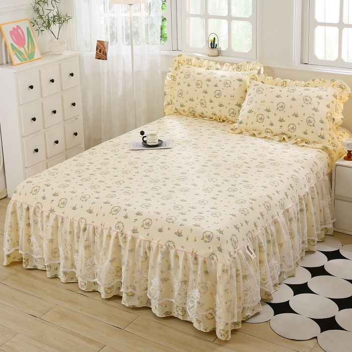 乐逸家纺 2026新款A类母婴双层纱床裙韩版蕾丝花边床裙小清新印花床裙源头供货现货 兔子欢喜