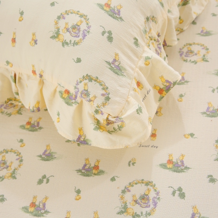 91家纺网 家纺一手货源 找家纺 乐逸家纺 2026新款A类母婴双层纱床裙韩版蕾丝花边床裙小清新印花床裙源头供货现货 兔子欢喜