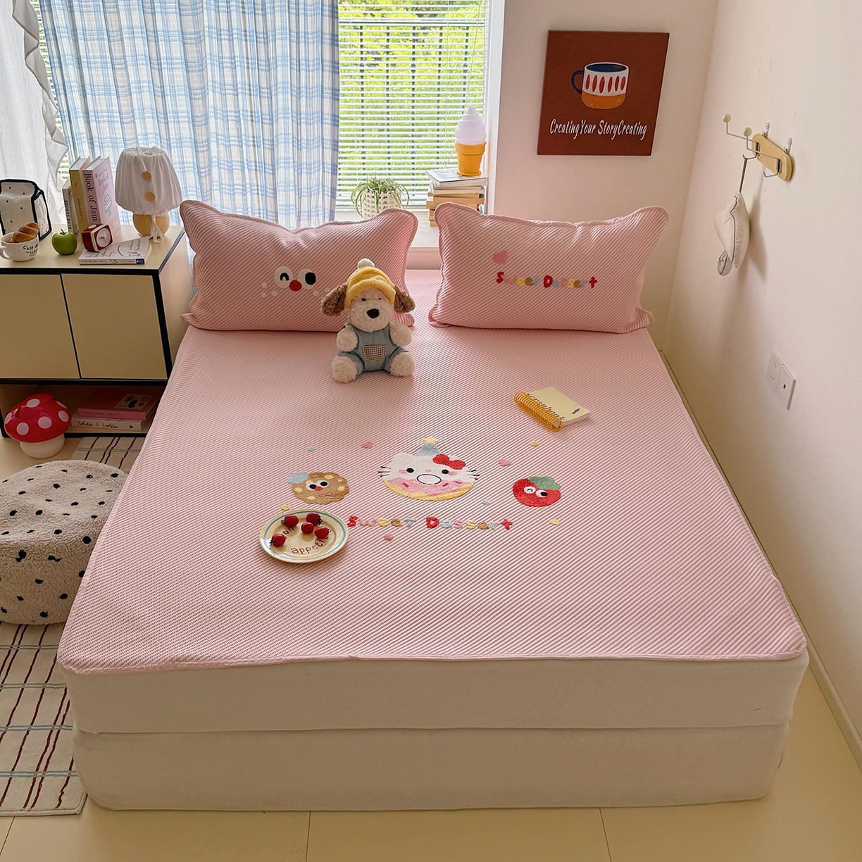 91家纺网 家纺一手货源 找家纺 顾里家纺 2026新款Pe凉感仿冰藤软席凉席三件套 甜圈小猫