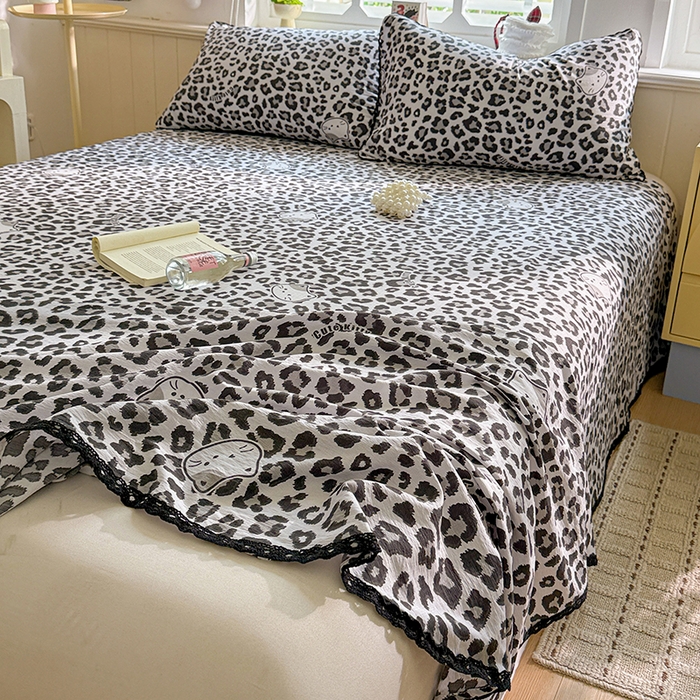 91家纺网 家纺一手货源 找家纺 花伞家居 2026新款蕾丝花边款皱皱双层纱单床单床单单件含买家秀 床单-豹纹灰