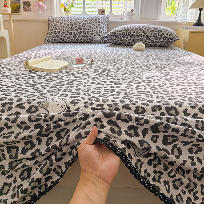 91家纺网 家纺一手货源 找家纺 花伞家居 2026新款蕾丝花边款皱皱双层纱单床单床单单件含买家秀 床单-豹纹灰