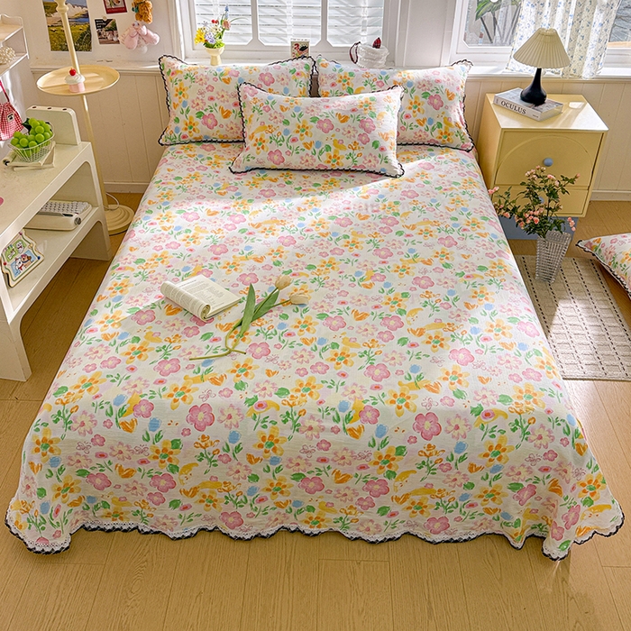 91家纺网 家纺一手货源 找家纺 花伞家居 2026新款蕾丝花边款皱皱双层纱单床单床单单件含买家秀 床单-风传花信