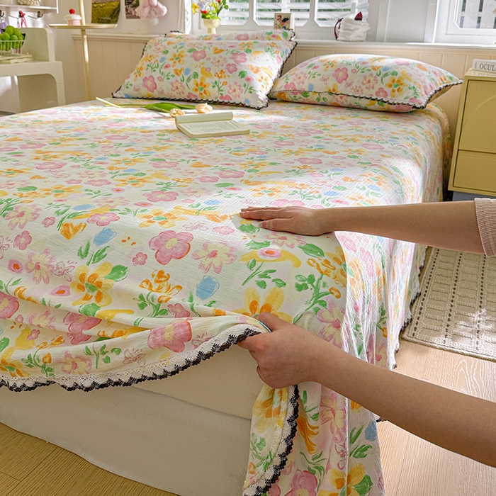 91家纺网 家纺一手货源 找家纺 花伞家居 2026新款蕾丝花边款皱皱双层纱单床单床单单件含买家秀 床单-风传花信