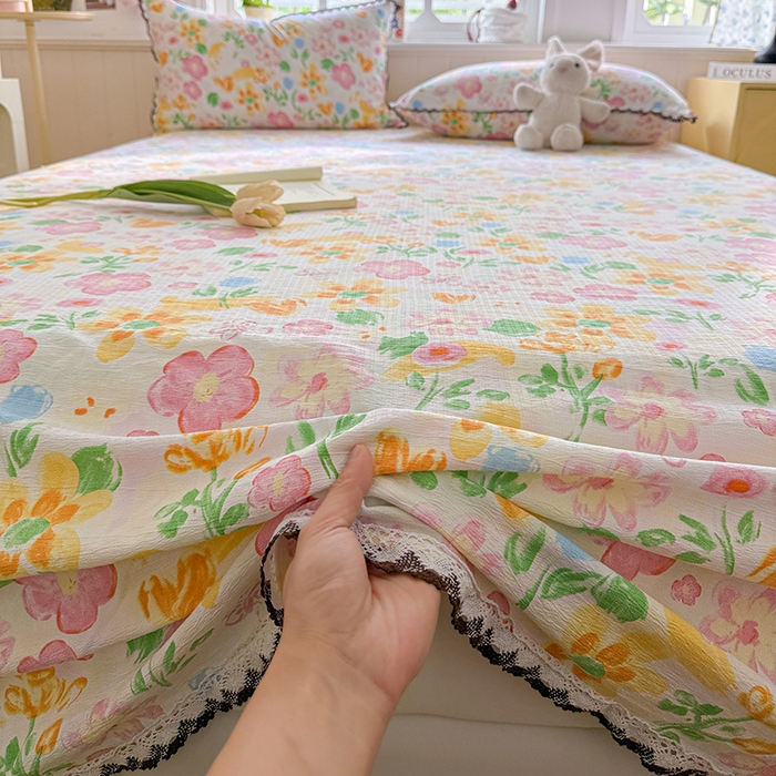 91家纺网 家纺一手货源 找家纺 花伞家居 2026新款蕾丝花边款皱皱双层纱单床单床单单件含买家秀 床单-风传花信