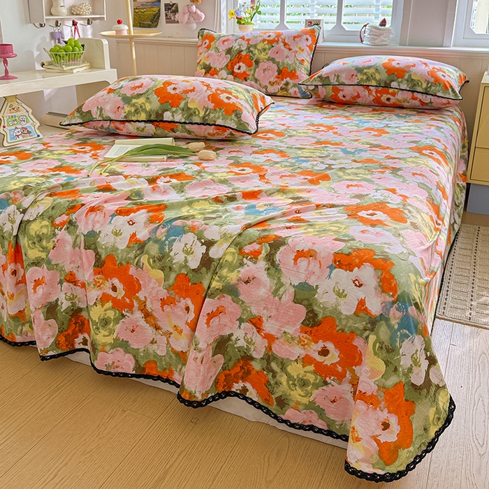 91家纺网 家纺一手货源 找家纺 花伞家居 2026新款蕾丝花边款皱皱双层纱单床单床单单件含买家秀 床单-热情绚烂