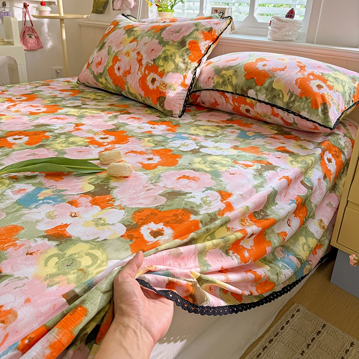 91家纺网 家纺一手货源 找家纺 花伞家居 2026新款蕾丝花边款皱皱双层纱单床单床单单件含买家秀 床单-热情绚烂