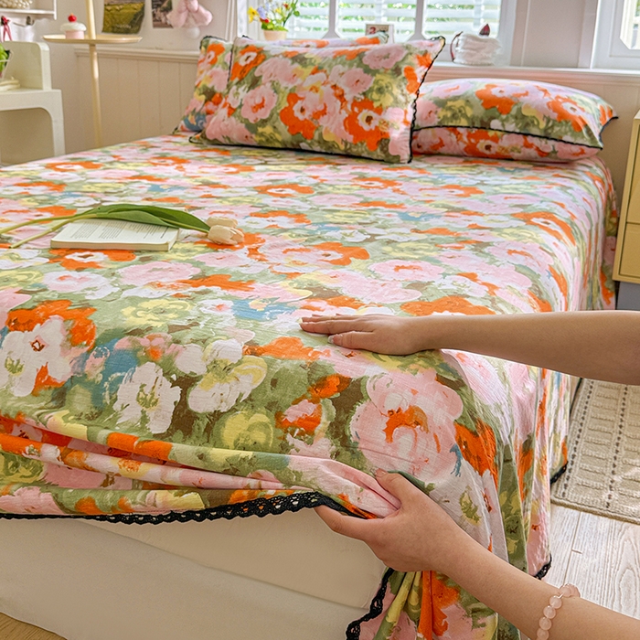 91家纺网 家纺一手货源 找家纺 花伞家居 2026新款蕾丝花边款皱皱双层纱单床单床单单件含买家秀 床单-热情绚烂