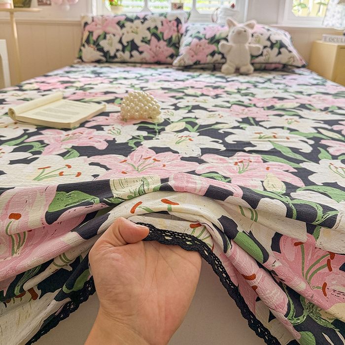 91家纺网 家纺一手货源 找家纺 花伞家居 2026新款蕾丝花边款皱皱双层纱单床单床单单件含买家秀 床单-盛开粉