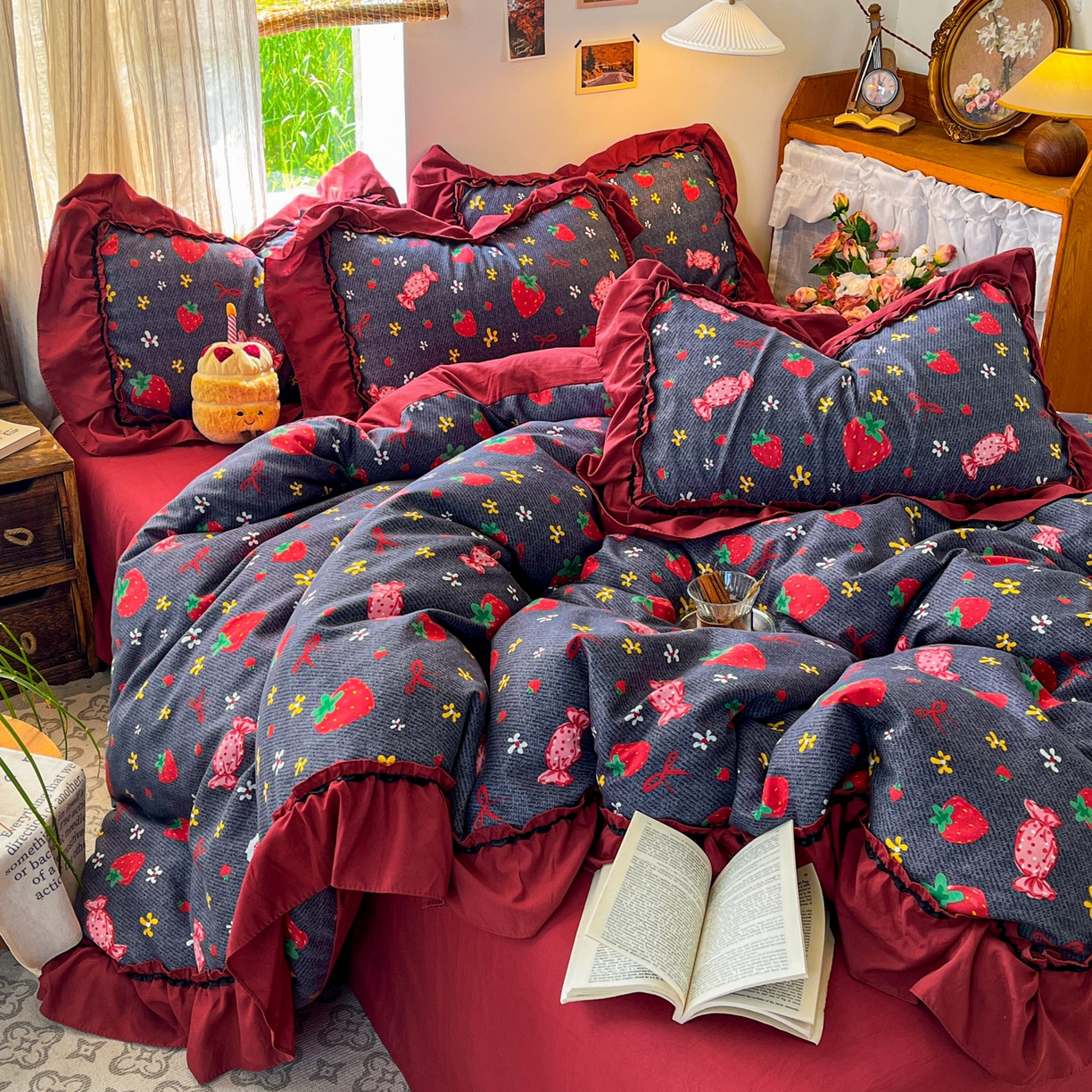 91家纺网 家纺一手货源 找家纺 花伞家居 2026新款韩系大花边加厚磨毛四件套含买家秀 韩版-芝芝莓莓