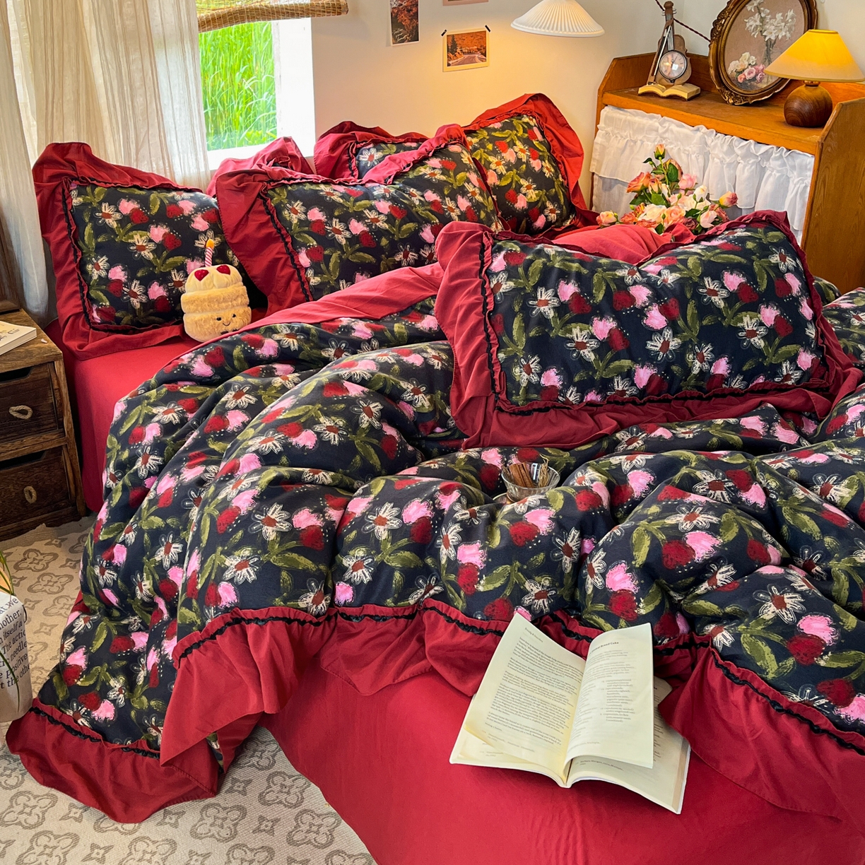 91家纺网 家纺一手货源 找家纺 花伞家居 2026新款韩系大花边加厚磨毛四件套含买家秀 韩版-花颂