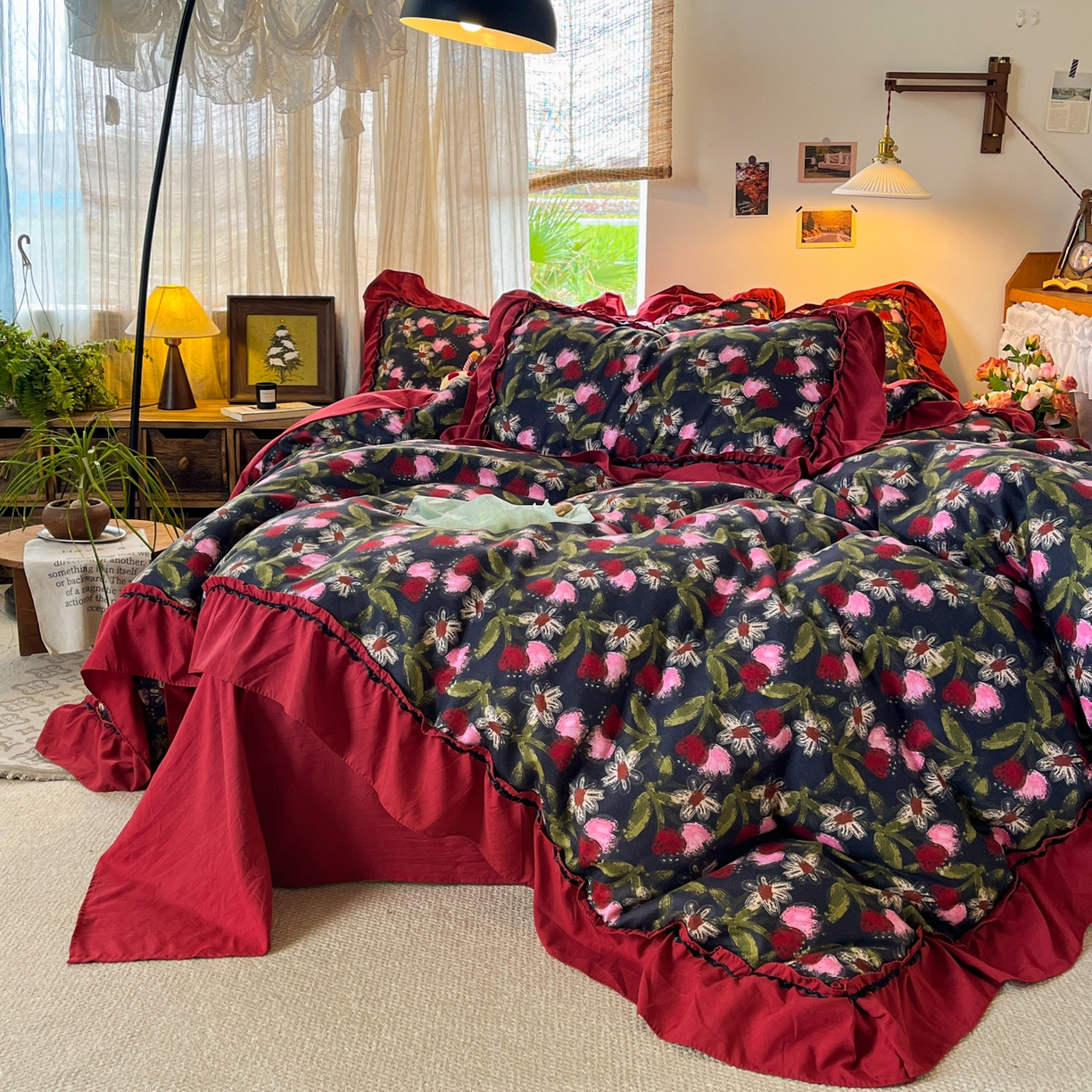 91家纺网 家纺一手货源 找家纺 花伞家居 2026新款韩系大花边加厚磨毛四件套含买家秀 韩版-花颂