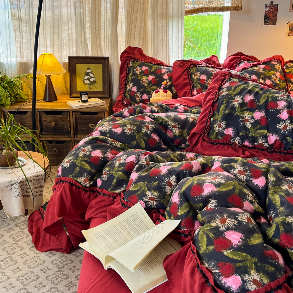 91家纺网 家纺一手货源 找家纺 花伞家居 2026新款韩系大花边加厚磨毛四件套含买家秀 韩版-花颂