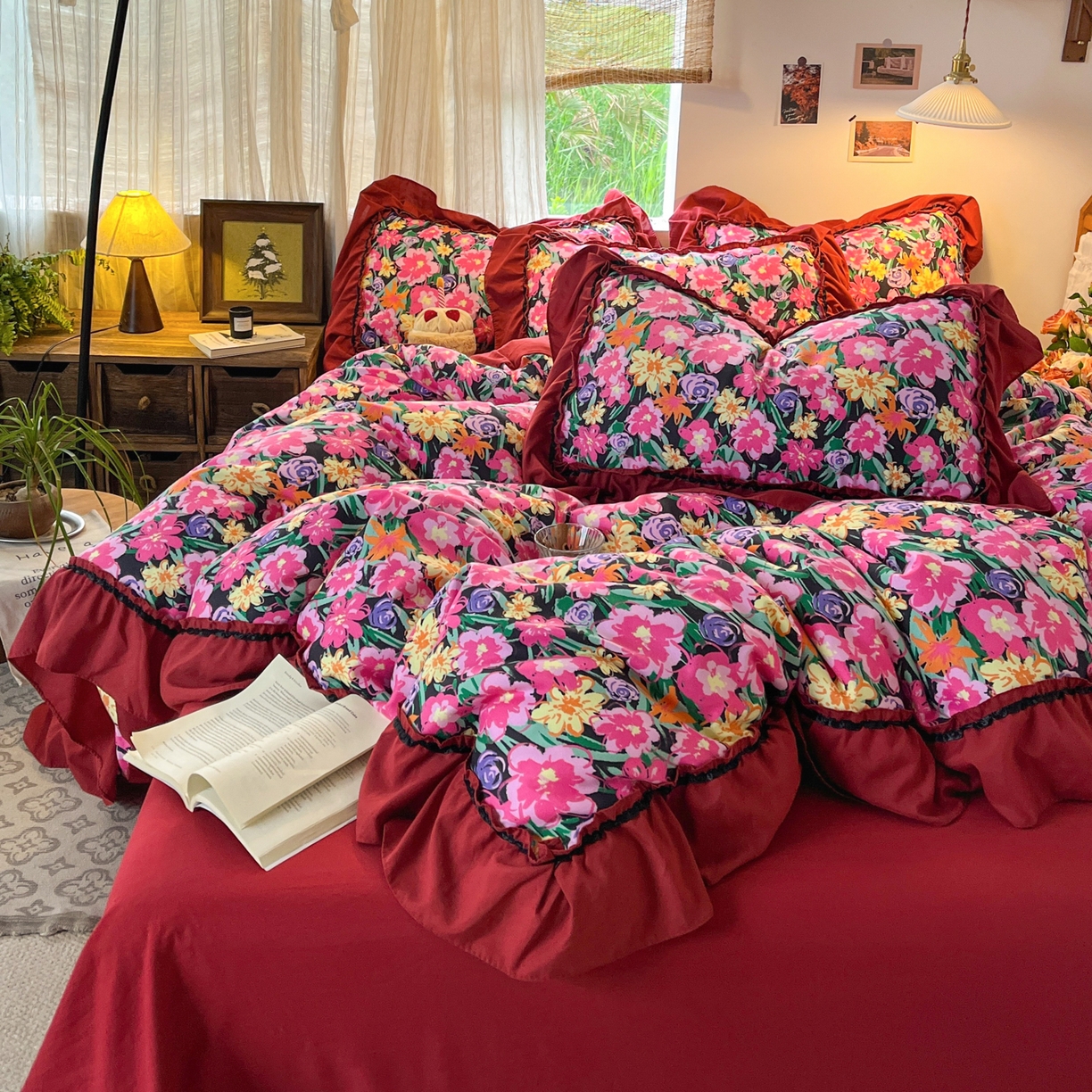 花伞家居 2026新款韩系大花边加厚磨毛四件套含买家秀 韩版-晚樱落落