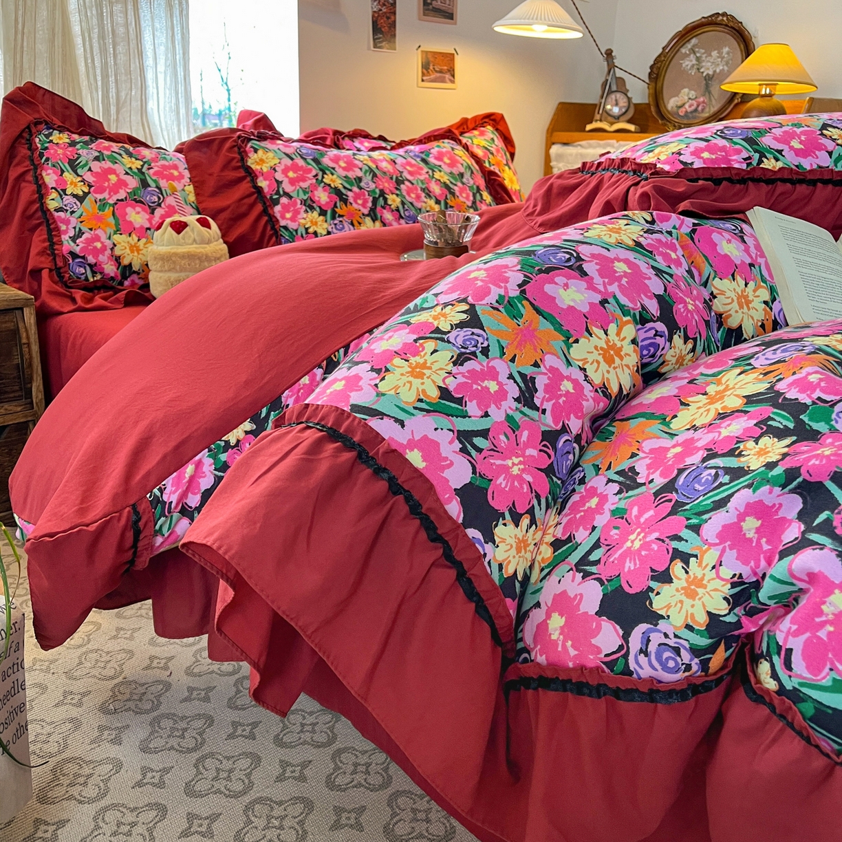 91家纺网 家纺一手货源 找家纺 花伞家居 2026新款韩系大花边加厚磨毛四件套含买家秀 韩版-晚樱落落