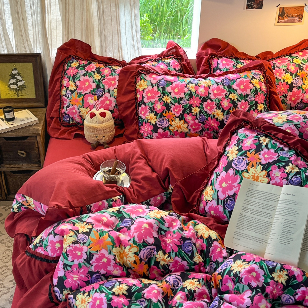 91家纺网 家纺一手货源 找家纺 花伞家居 2026新款韩系大花边加厚磨毛四件套含买家秀 韩版-晚樱落落