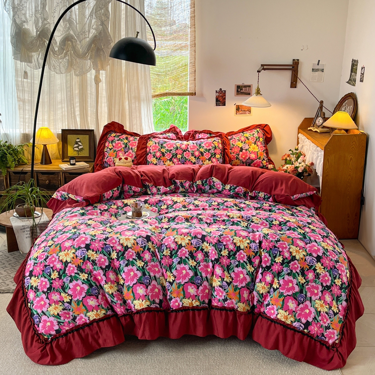 91家纺网 家纺一手货源 找家纺 花伞家居 2026新款韩系大花边加厚磨毛四件套含买家秀 韩版-晚樱落落