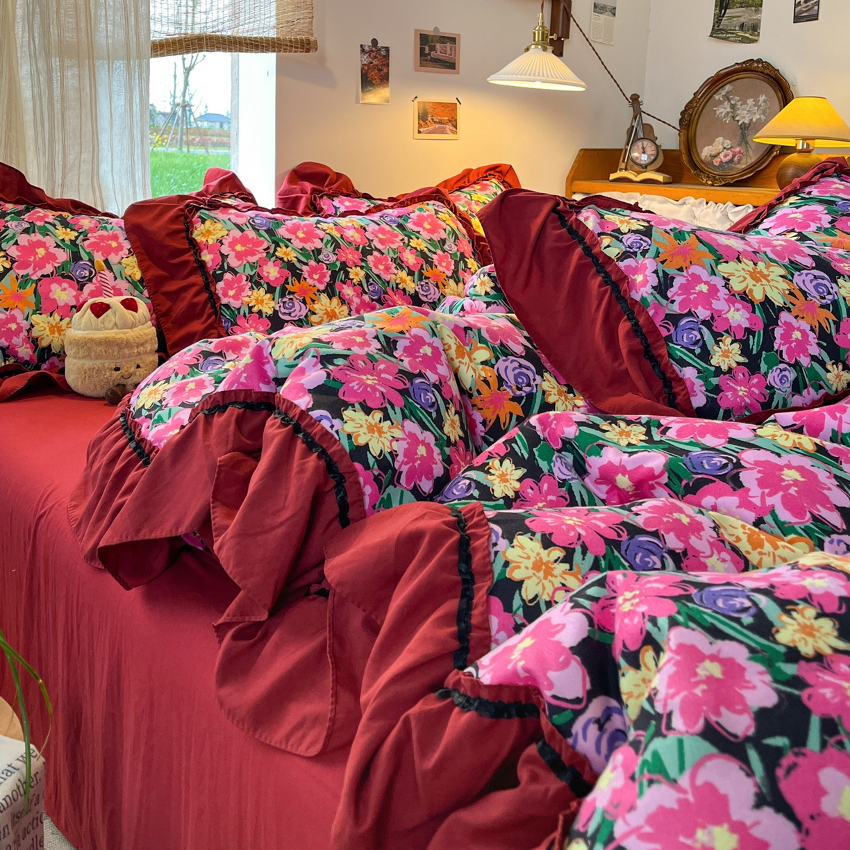 91家纺网 家纺一手货源 找家纺 花伞家居 2026新款韩系大花边加厚磨毛四件套含买家秀 韩版-晚樱落落