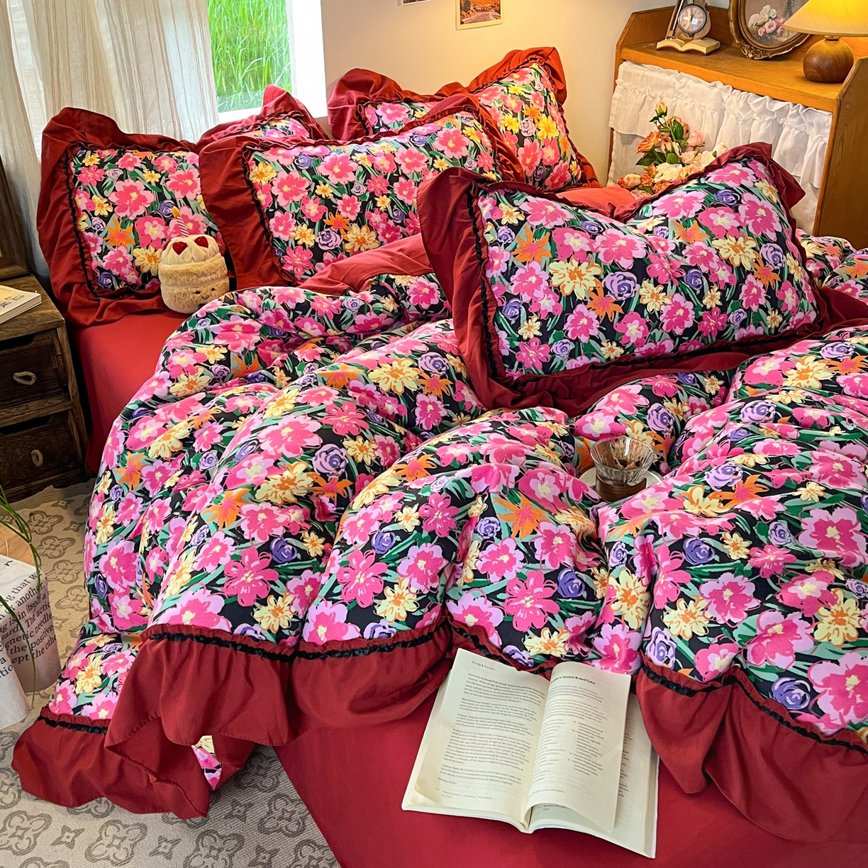 91家纺网 家纺一手货源 找家纺 花伞家居 2026新款韩系大花边加厚磨毛四件套含买家秀 韩版-晚樱落落