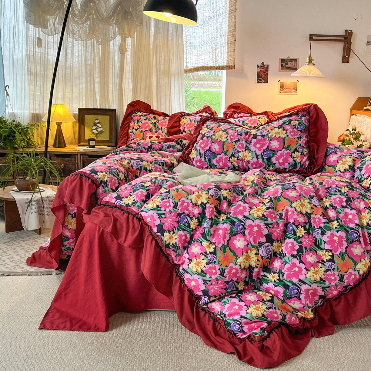 91家纺网 家纺一手货源 找家纺 花伞家居 2026新款韩系大花边加厚磨毛四件套含买家秀 韩版-晚樱落落