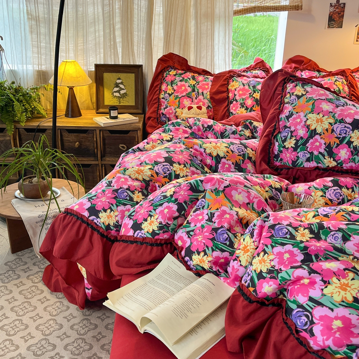 91家纺网 家纺一手货源 找家纺 花伞家居 2026新款韩系大花边加厚磨毛四件套含买家秀 韩版-晚樱落落