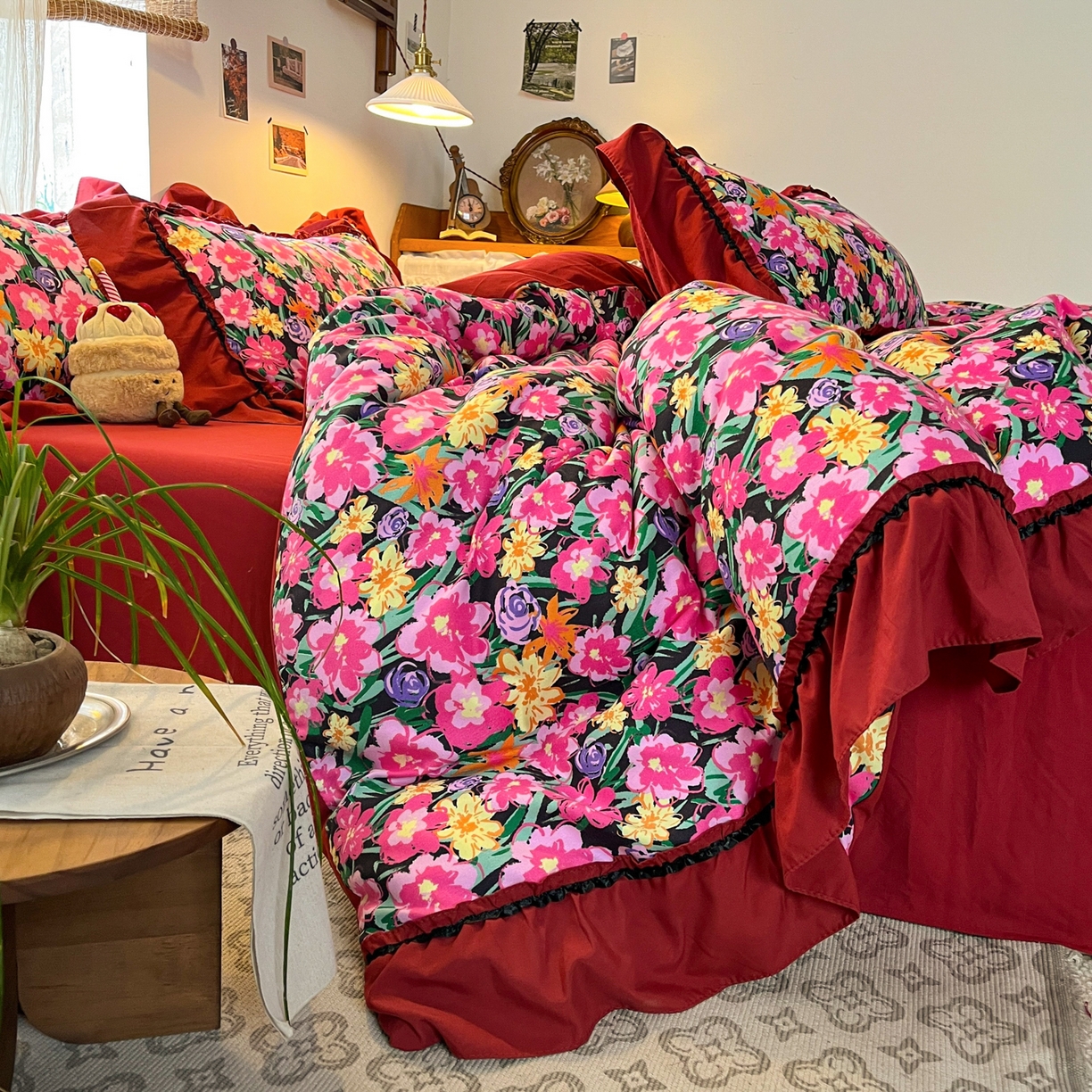 91家纺网 家纺一手货源 找家纺 花伞家居 2026新款韩系大花边加厚磨毛四件套含买家秀 韩版-晚樱落落