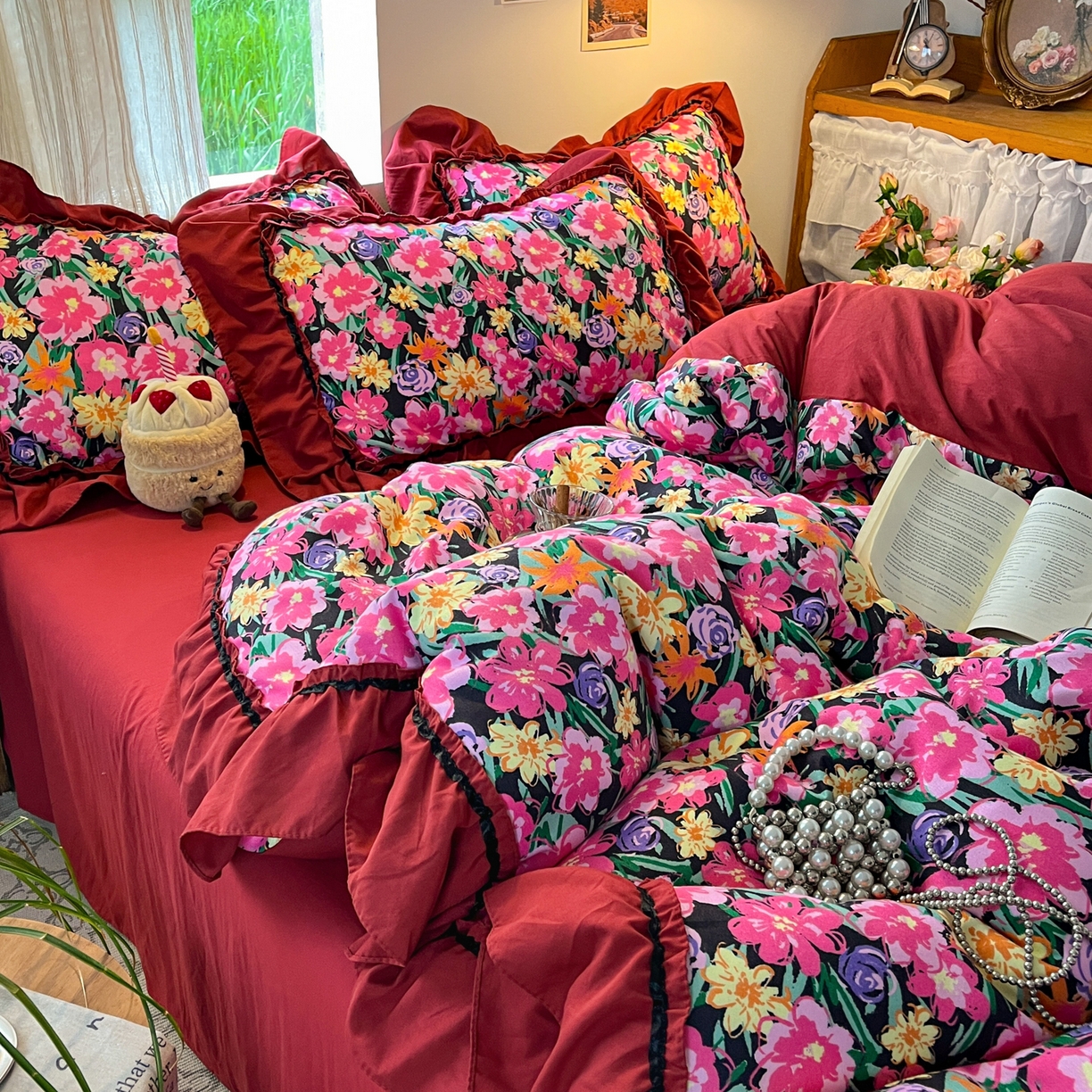 91家纺网 家纺一手货源 找家纺 花伞家居 2026新款韩系大花边加厚磨毛四件套含买家秀 韩版-晚樱落落