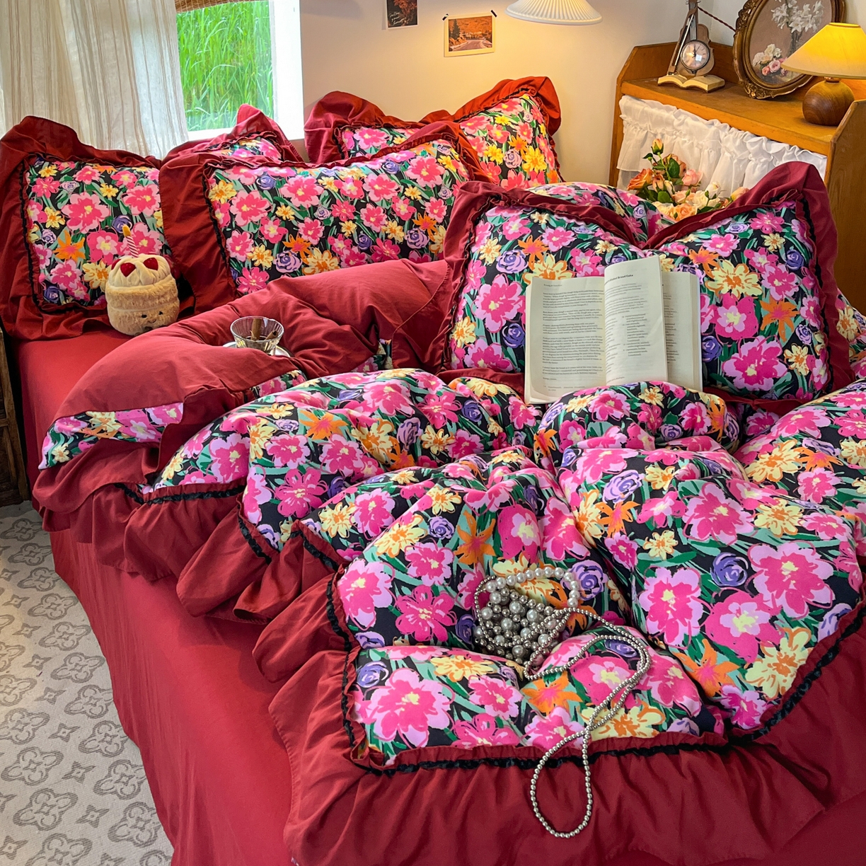 91家纺网 家纺一手货源 找家纺 花伞家居 2026新款韩系大花边加厚磨毛四件套含买家秀 韩版-晚樱落落