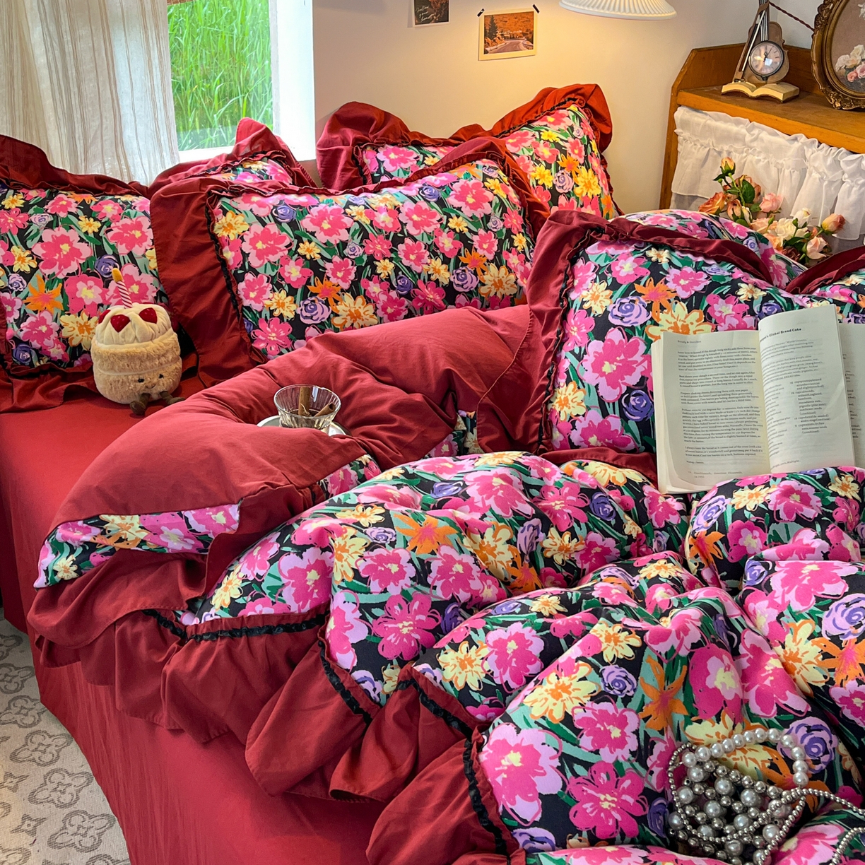 91家纺网 家纺一手货源 找家纺 花伞家居 2026新款韩系大花边加厚磨毛四件套含买家秀 韩版-晚樱落落