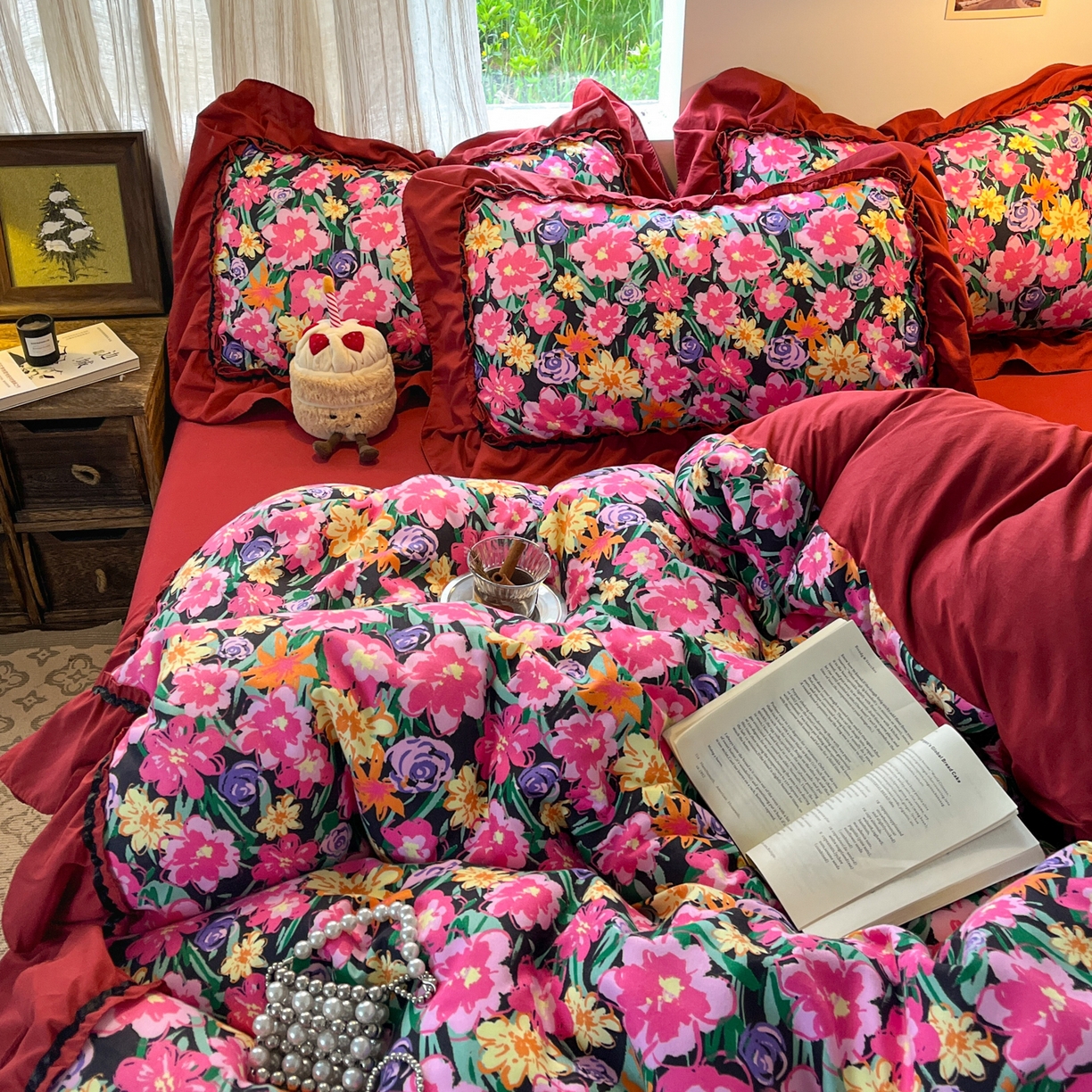 91家纺网 家纺一手货源 找家纺 花伞家居 2026新款韩系大花边加厚磨毛四件套含买家秀 韩版-晚樱落落