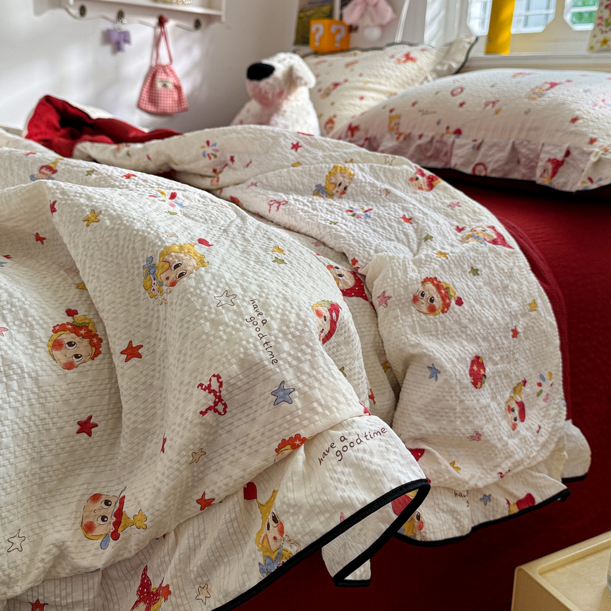 91家纺网 家纺一手货源 找家纺 水墨江南 2026新款泡芙纱花边夏被四件套 蛋糕星仔