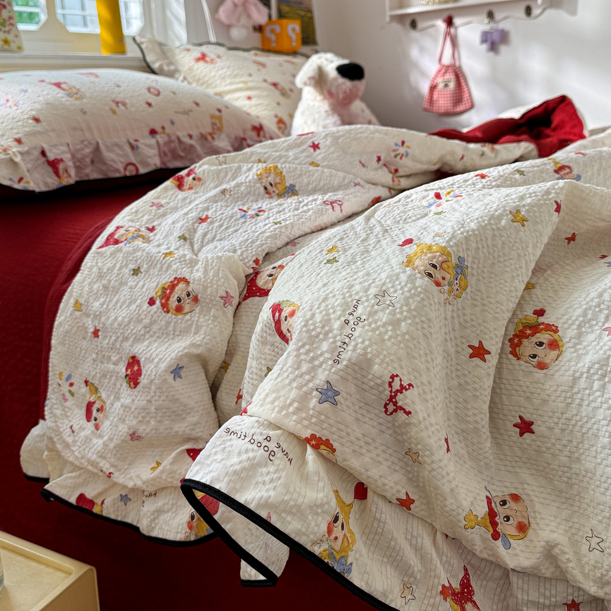 91家纺网 家纺一手货源 找家纺 水墨江南 2026新款泡芙纱花边夏被四件套 蛋糕星仔