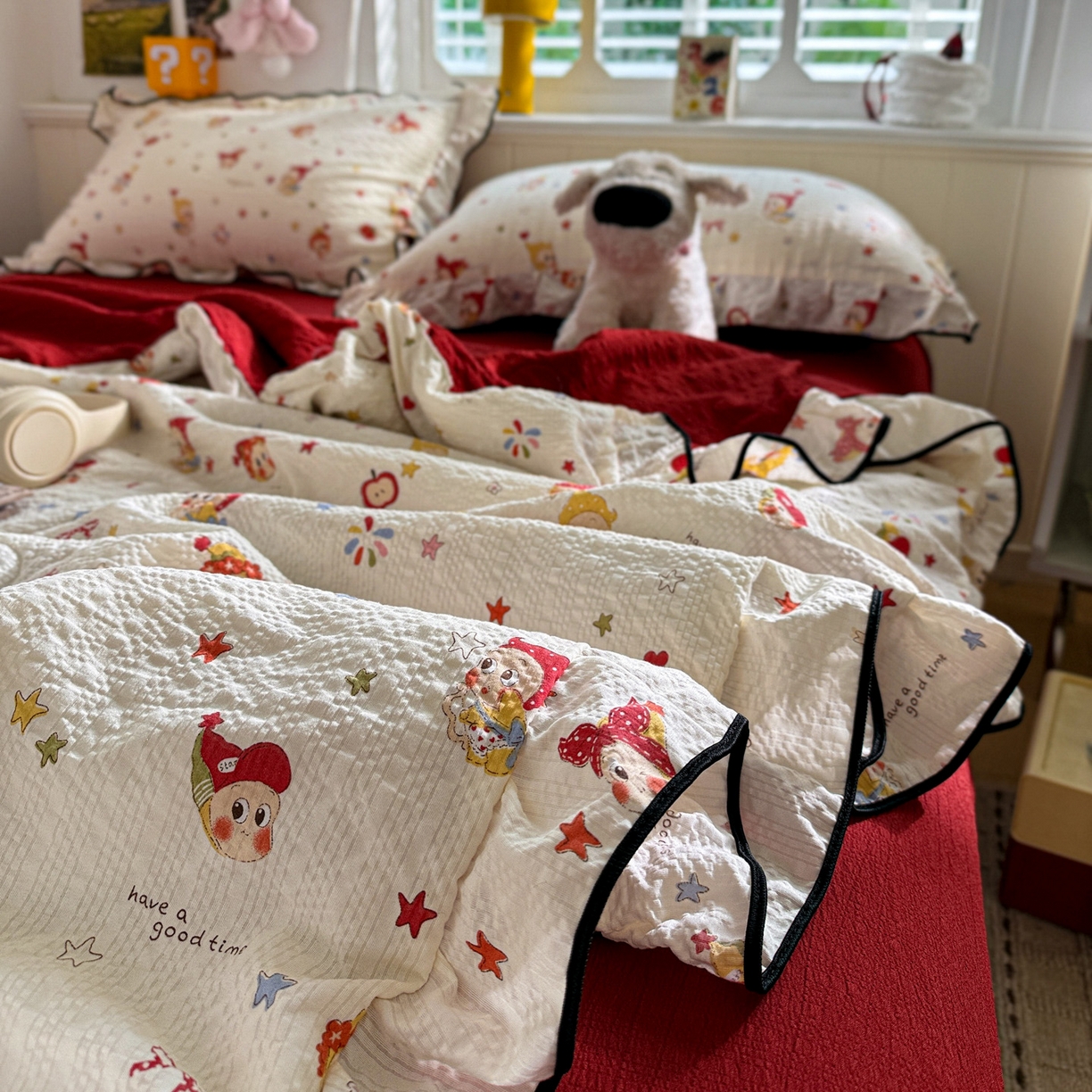 91家纺网 家纺一手货源 找家纺 水墨江南 2026新款泡芙纱花边夏被四件套 蛋糕星仔