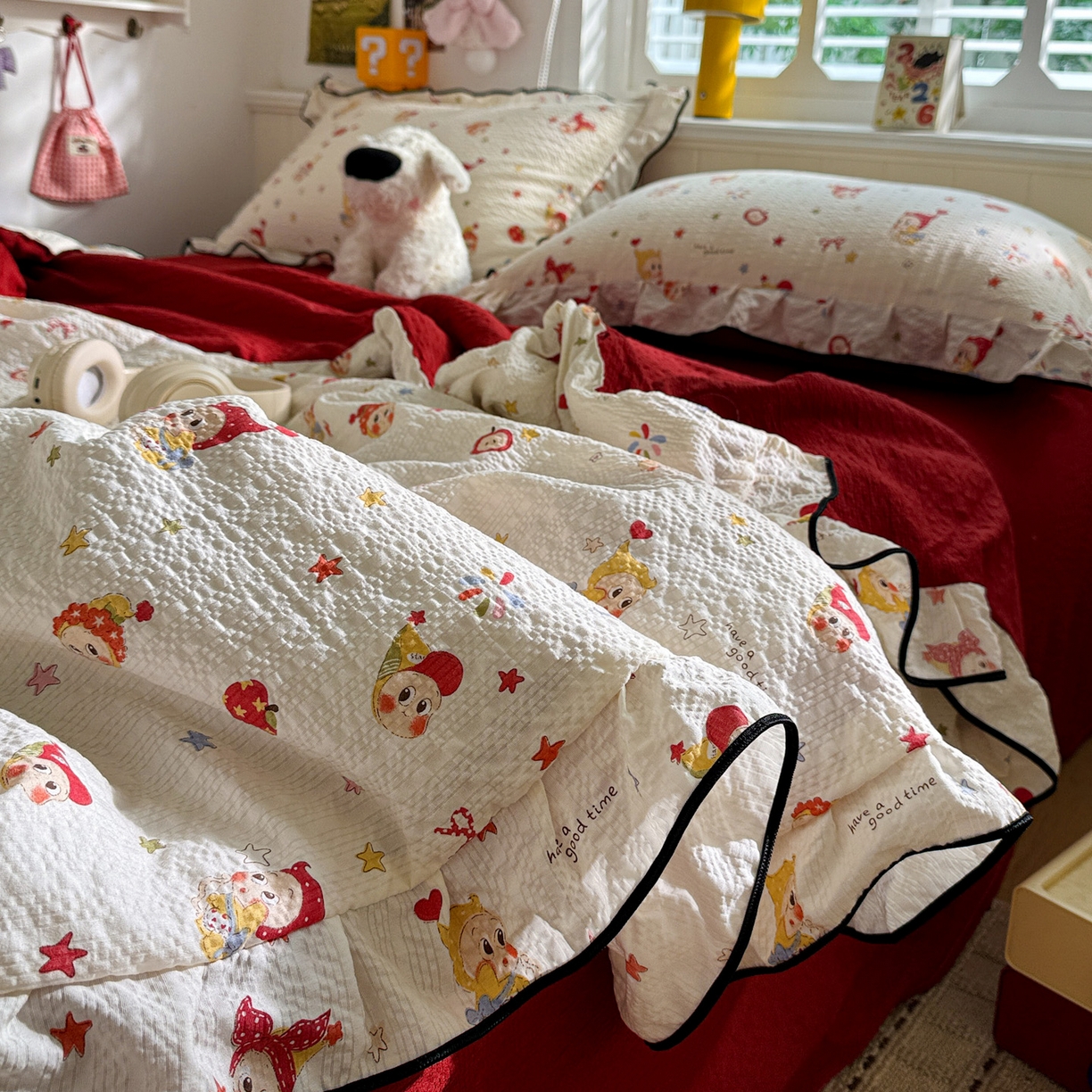 91家纺网 家纺一手货源 找家纺 水墨江南 2026新款泡芙纱花边夏被四件套 蛋糕星仔