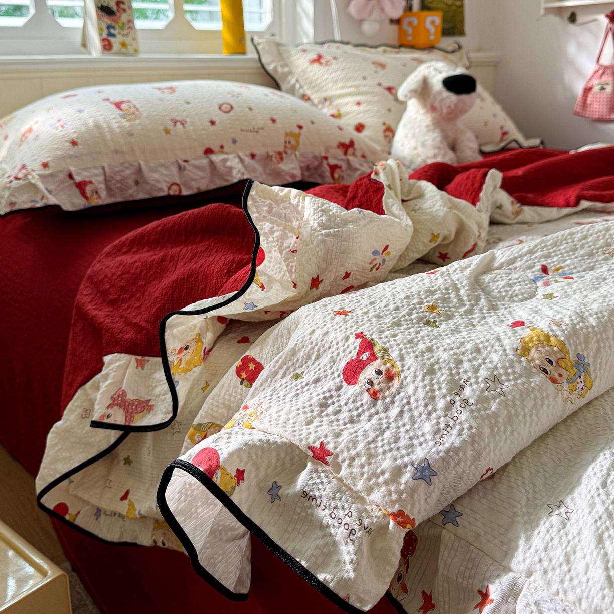 91家纺网 家纺一手货源 找家纺 水墨江南 2026新款泡芙纱花边夏被四件套 蛋糕星仔